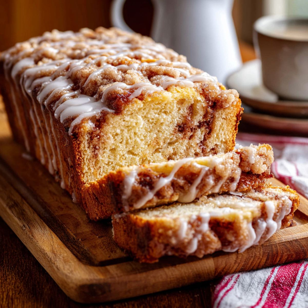 Apple fritter bread loaf with cinnamon swirl and sweet glaze on wooden board with coffee cup in background