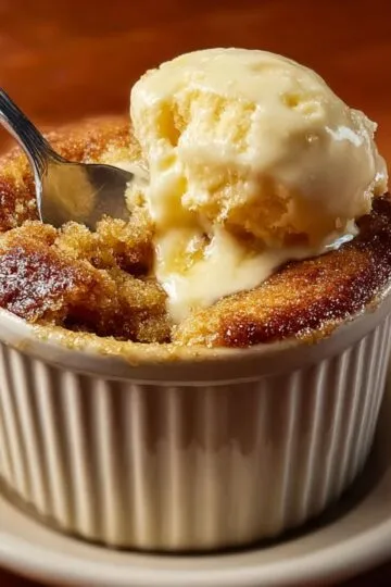 Apple mug cake in white ramekin with caramelized cinnamon sugar top and scoop of vanilla ice cream melting on top with spoon digging into moist apple cake interior