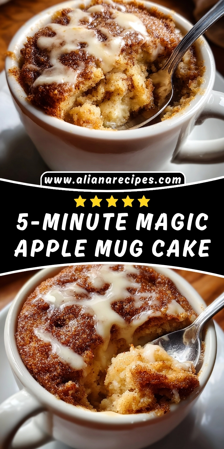Apple mug cake in white mug with cinnamon sugar caramelized top, sweet glaze drizzle and spoon showing fluffy moist interior with apple pieces, text overlay reading 5-Minute Magic Apple Mug Cake with five star rating and website URL