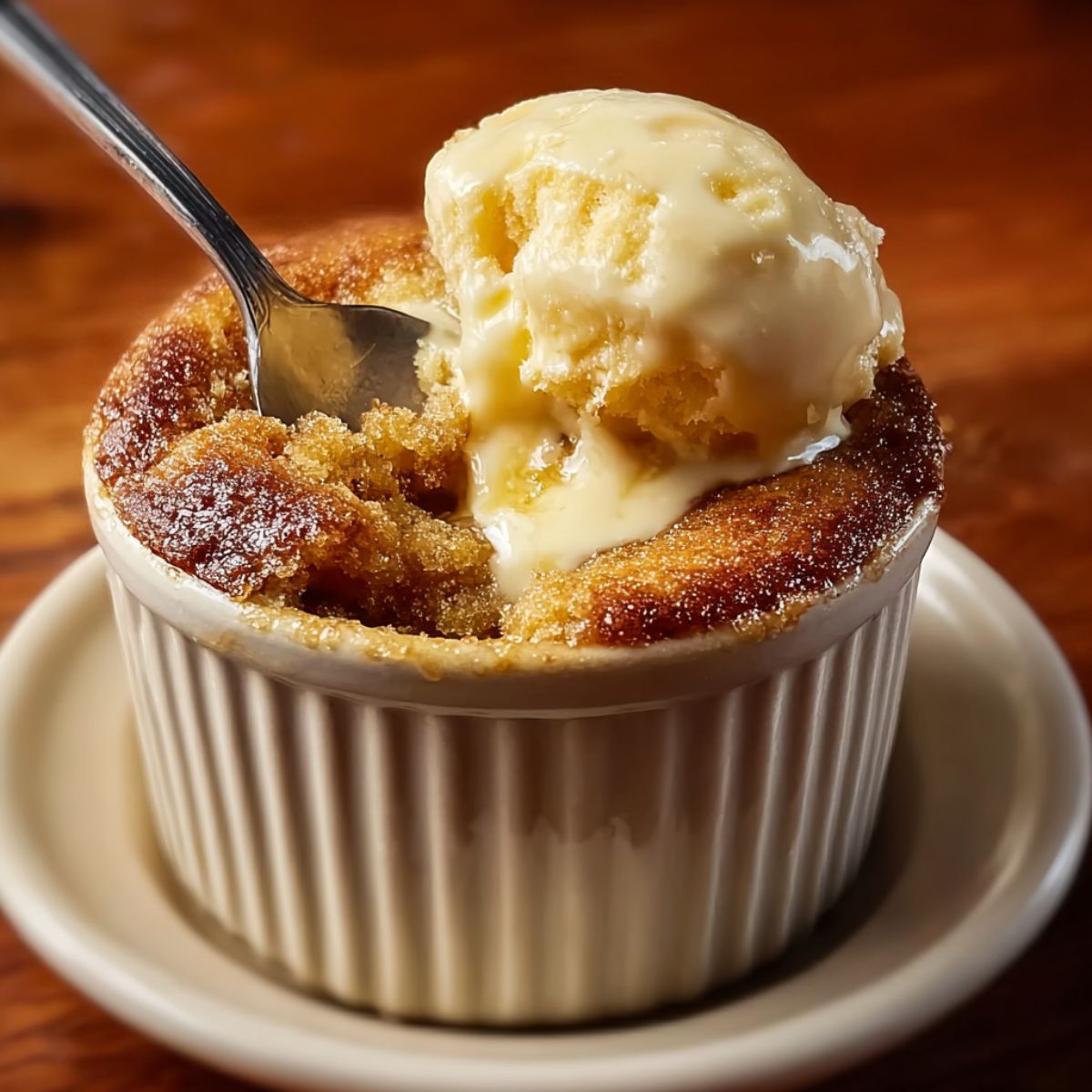 Apple mug cake in white ramekin with caramelized cinnamon sugar top and scoop of vanilla ice cream melting on top with spoon digging into moist apple cake interior