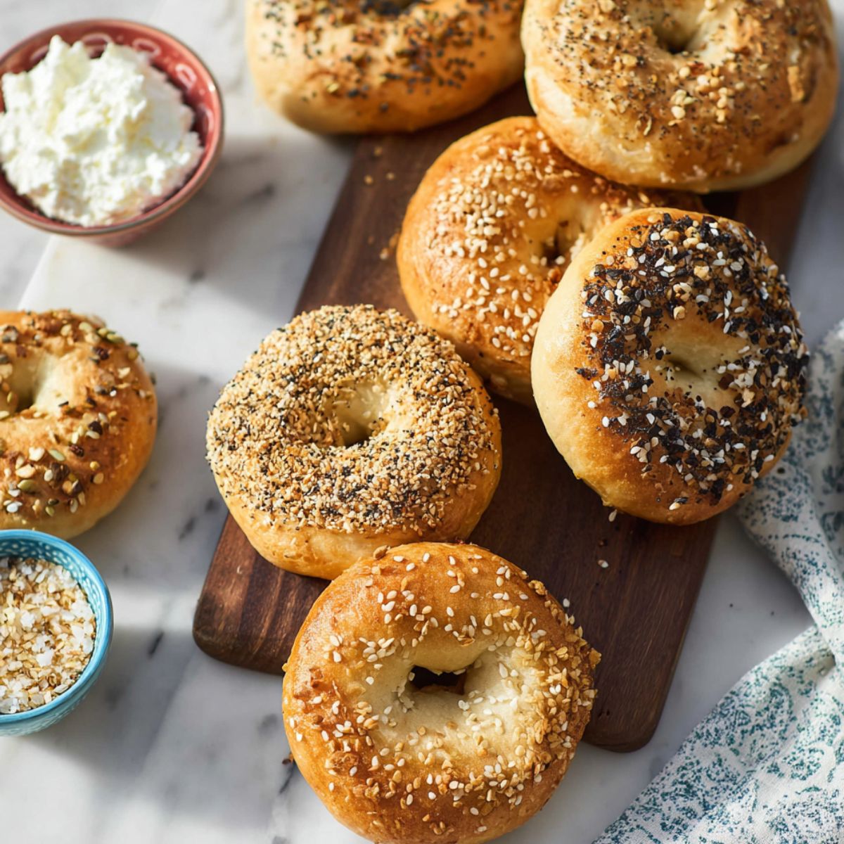 homemade bagel recipe An overhead shot of multiple freshly baked homemade bagels on a dark wooden board and a marble counter. The bagels are covered with various toppings like sesame, poppy seeds, and everything bagel seasoning, next to small bowls of cream cheese.