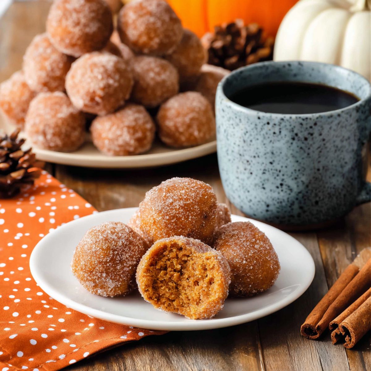 Cinnamon sugar pumpkin donut holes on white plate with coffee mug, cinnamon sticks, white pumpkin, and fall decorations on rustic wood table