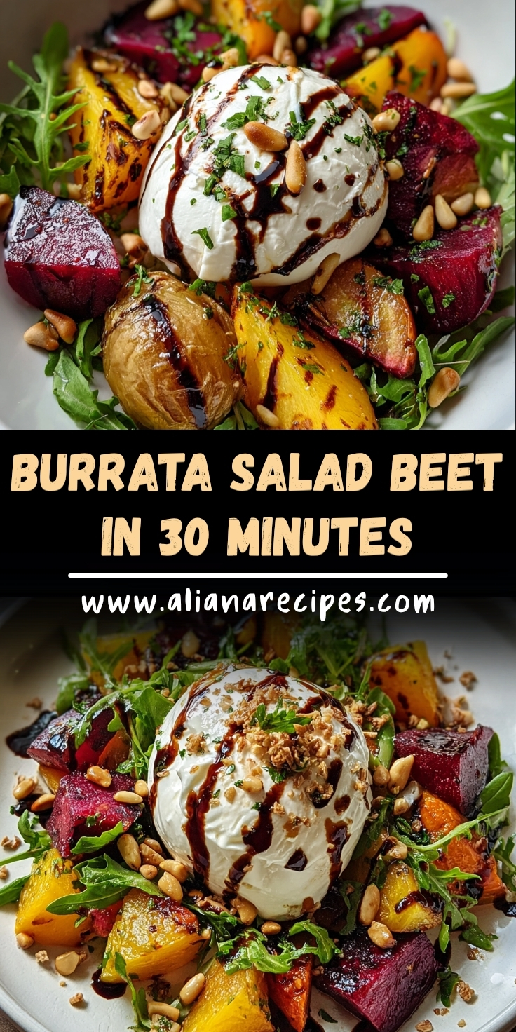 Burrata salad beet featuring colorful roasted red and golden beets, creamy burrata ball with balsamic reduction drizzle, toasted pine nuts, fresh arugula, and herbs on white plates