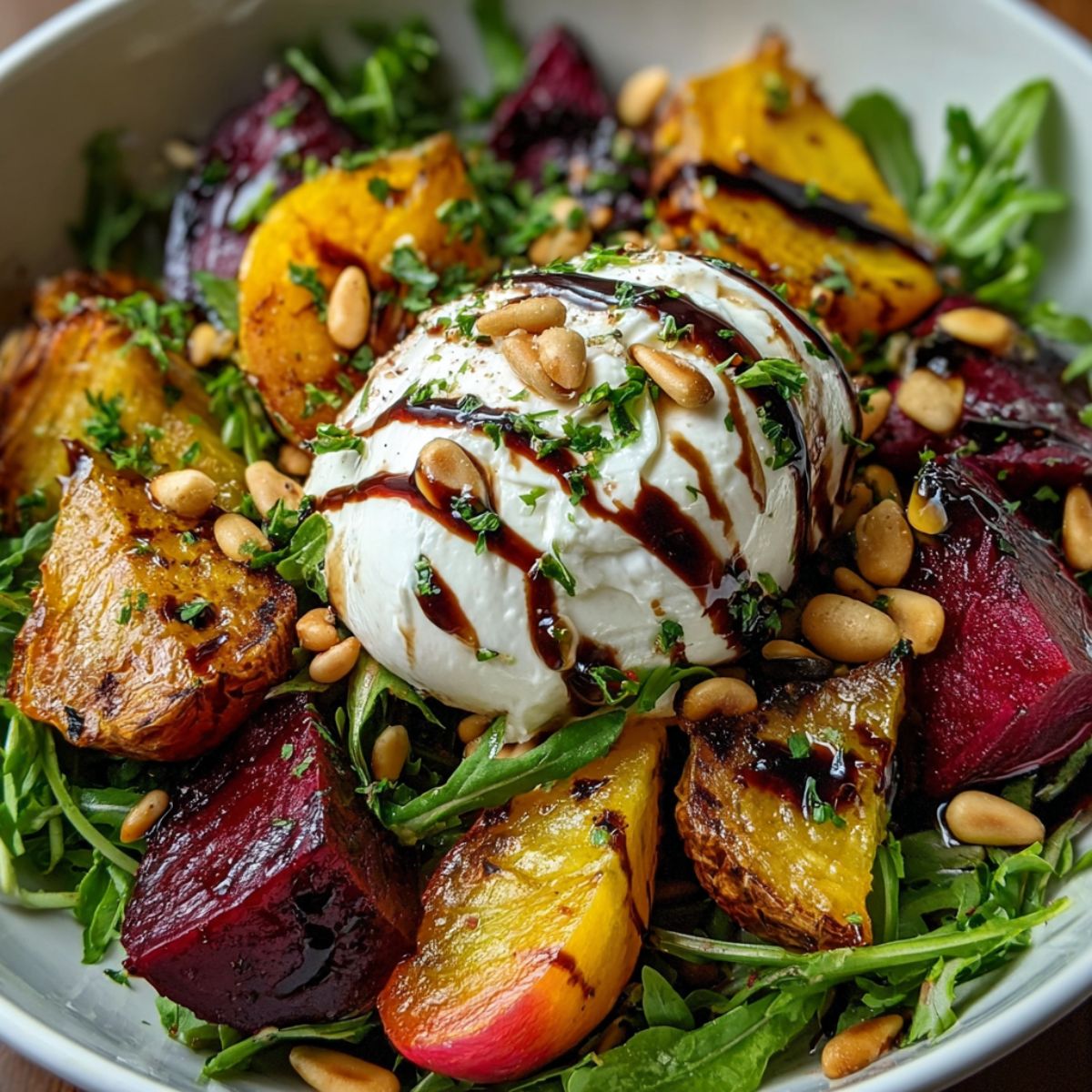 Burrata salad beet with roasted golden and red beets, creamy burrata cheese drizzled with balsamic reduction, toasted pine nuts, and fresh arugula on white plate