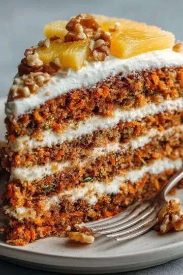 Carrot cake recipe with four layered slices showing moist texture, cream cheese frosting, candied pineapple, and chopped walnuts on plate with fork