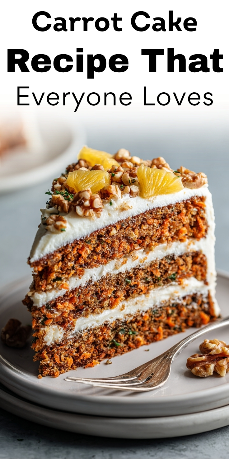 Carrot cake recipe slice showing four moist layers with cream cheese frosting, fresh carrots, walnuts, and pineapple garnish