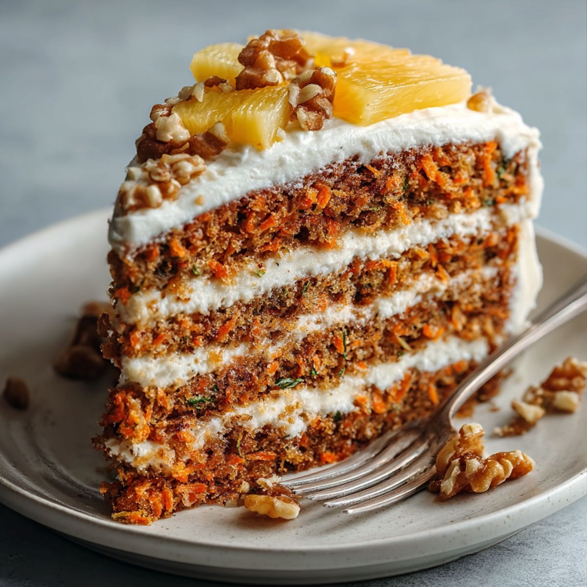Carrot cake recipe with four layered slices showing moist texture, cream cheese frosting, candied pineapple, and chopped walnuts on plate with fork