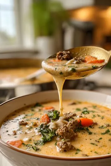 Cheeseburger soup with ground beef and vegetables in gold spoon dripping over bowl showing creamy texture