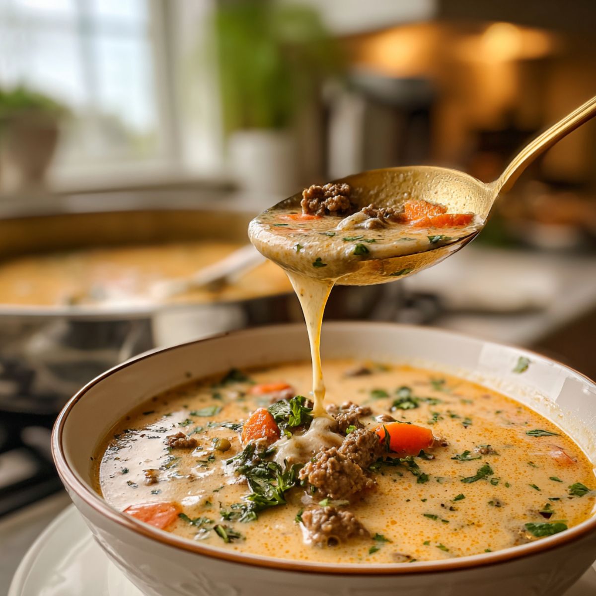 Cheeseburger soup with ground beef and vegetables in gold spoon dripping over bowl showing creamy texture