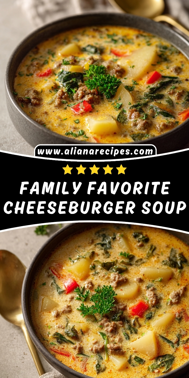 Cheeseburger soup in black pot with ground beef potatoes red peppers and greens in creamy broth with gold spoon