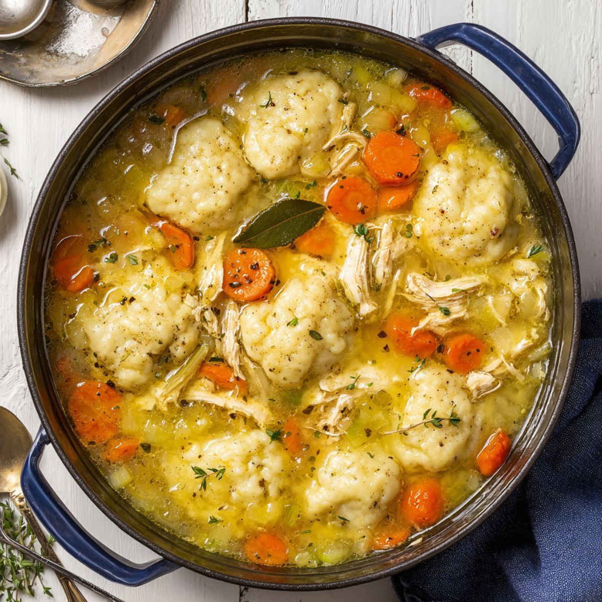Chicken dumpling soup in blue pot showing fluffy homemade dumplings, shredded chicken, carrots and celery in golden creamy broth with herbs