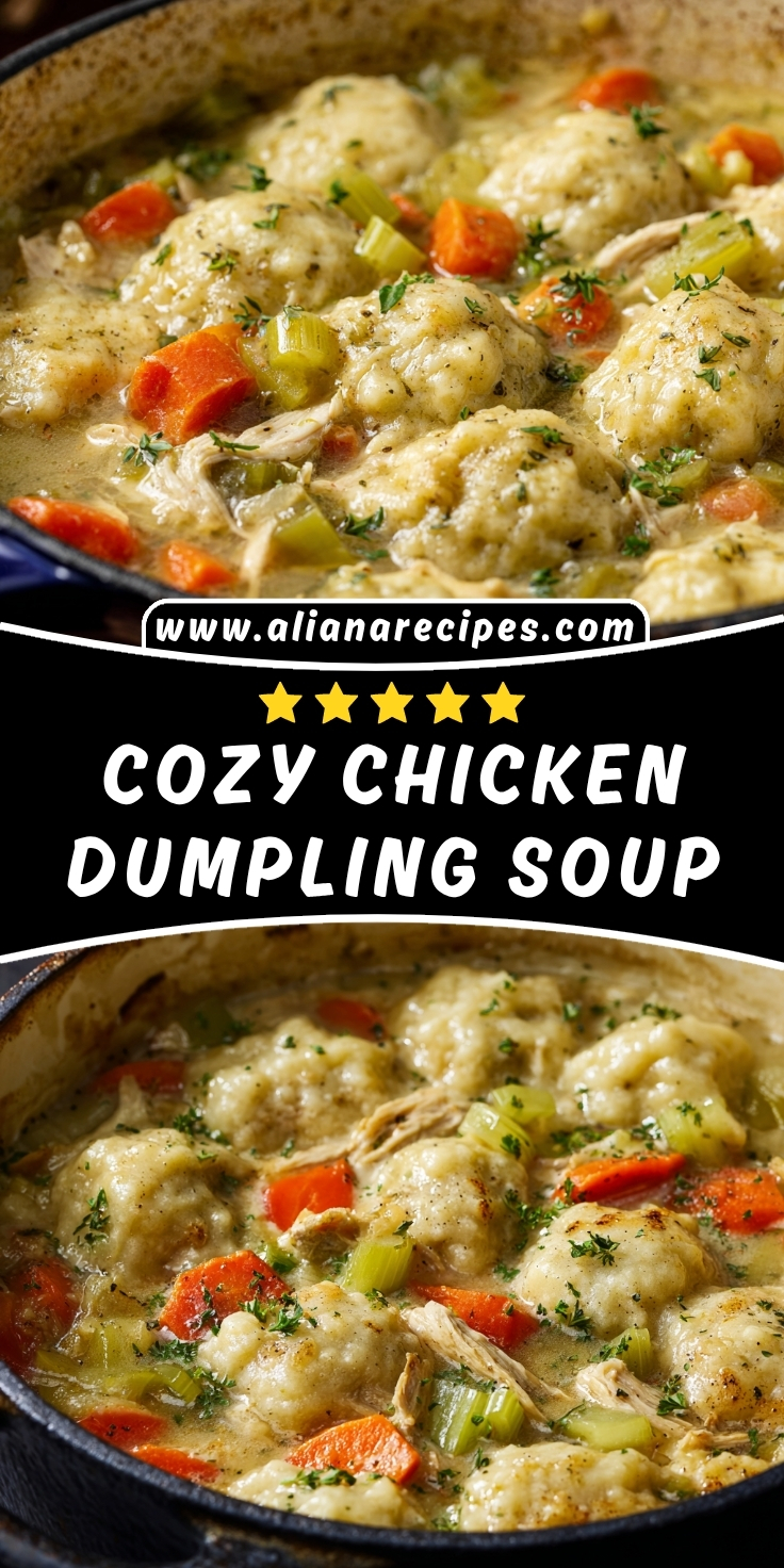 Chicken dumpling soup in skillet showing fluffy homemade dumplings, shredded chicken, sliced carrots and celery in creamy golden broth garnished with fresh herbs