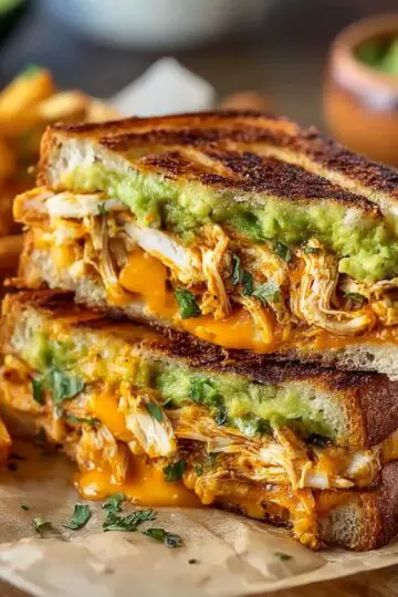 Chicken sandwich stacked with grilled chicken melted cheese and avocado spread on crispy toasted bread with fries