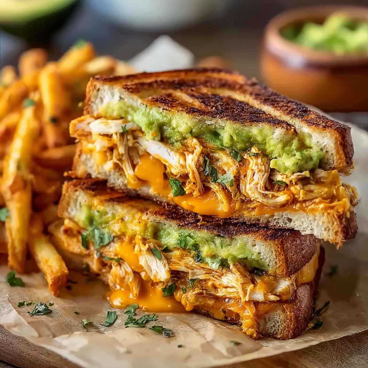 Chicken sandwich stacked with grilled chicken melted cheese and avocado spread on crispy toasted bread with fries