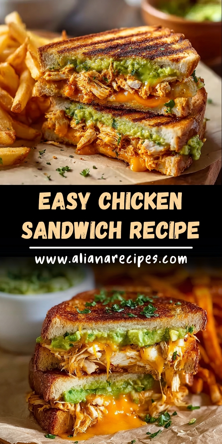 Chicken sandwich with shredded chicken melted cheddar cheese and avocado spread stacked on golden toasted bread with french fries