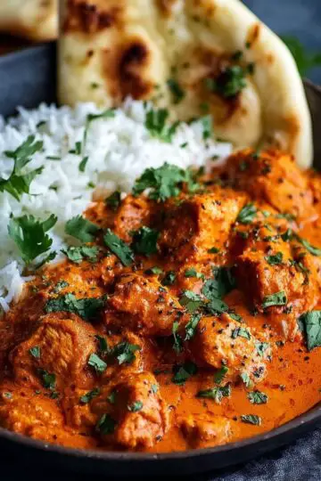 Chicken tikka masala in dark bowl with charred chicken pieces in thick orange curry sauce, white rice, naan bread and fresh cilantro close-up