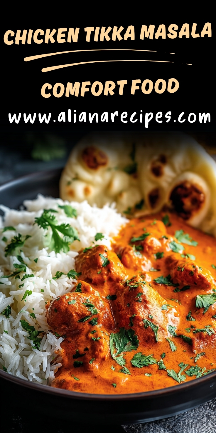 Chicken tikka masala with tender marinated chicken pieces in vibrant orange creamy sauce served with basmati rice, naan bread, and cilantro garnish