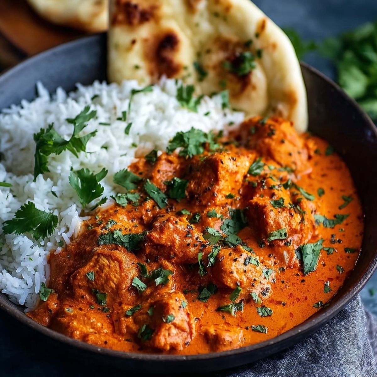 Chicken tikka masala in dark bowl with charred chicken pieces in thick orange curry sauce, white rice, naan bread and fresh cilantro close-up