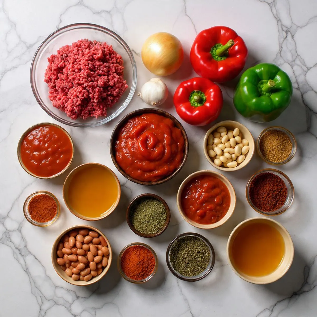 Essential chili ingredients: meat, onions, garlic, colorful peppers, beans, broth, and various dry spices.