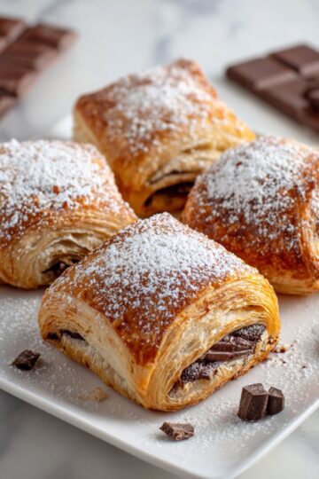 Chocolate croissant with golden flaky layers dusted with powdered sugar showing visible chocolate filling and buttery pastry texture on white plate