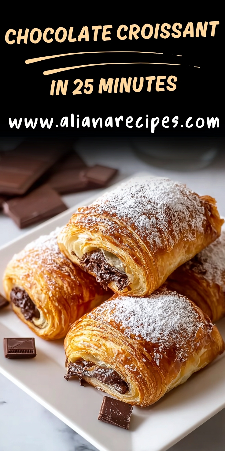 Chocolate croissant with golden flaky pastry layers dusted with powdered sugar showing melted chocolate filling and buttery texture stacked on white plate