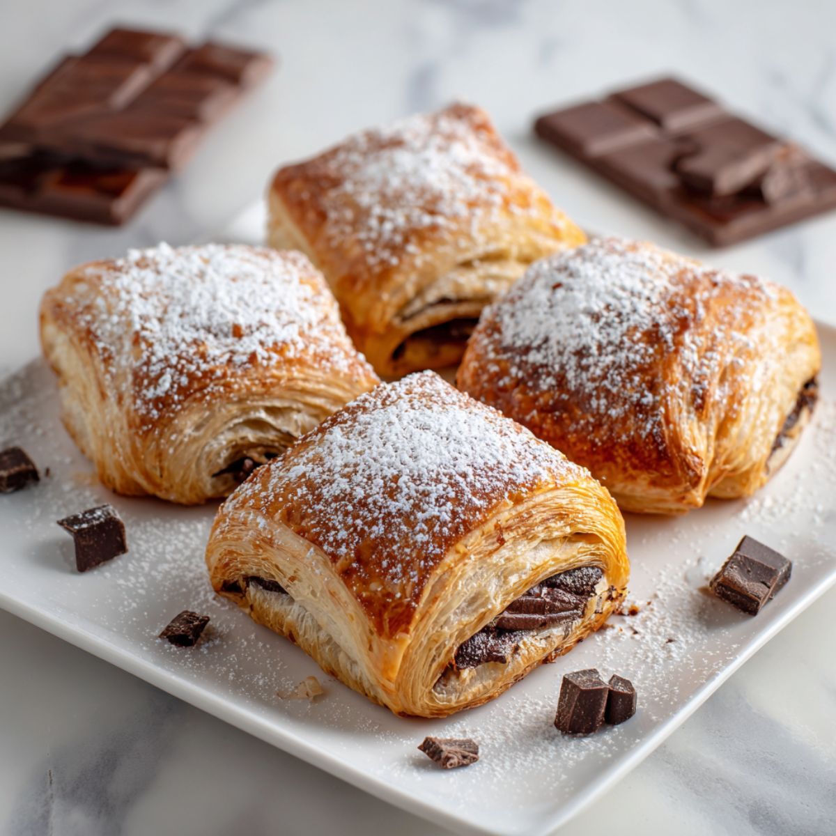 Chocolate croissant with golden flaky layers dusted with powdered sugar showing visible chocolate filling and buttery pastry texture on white plate