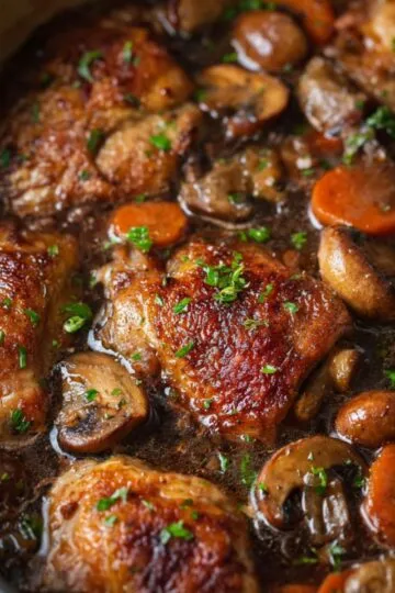 Coq au vin recipe showing seared chicken thighs with mushrooms and carrots in a bubbling wine sauce