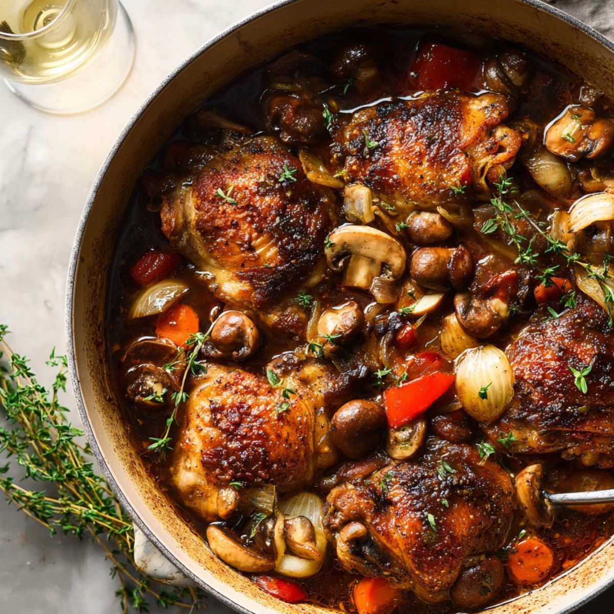 Coq au vin recipe with golden chicken thighs, mushrooms, and pearl onions in rich red wine sauce in a Dutch oven