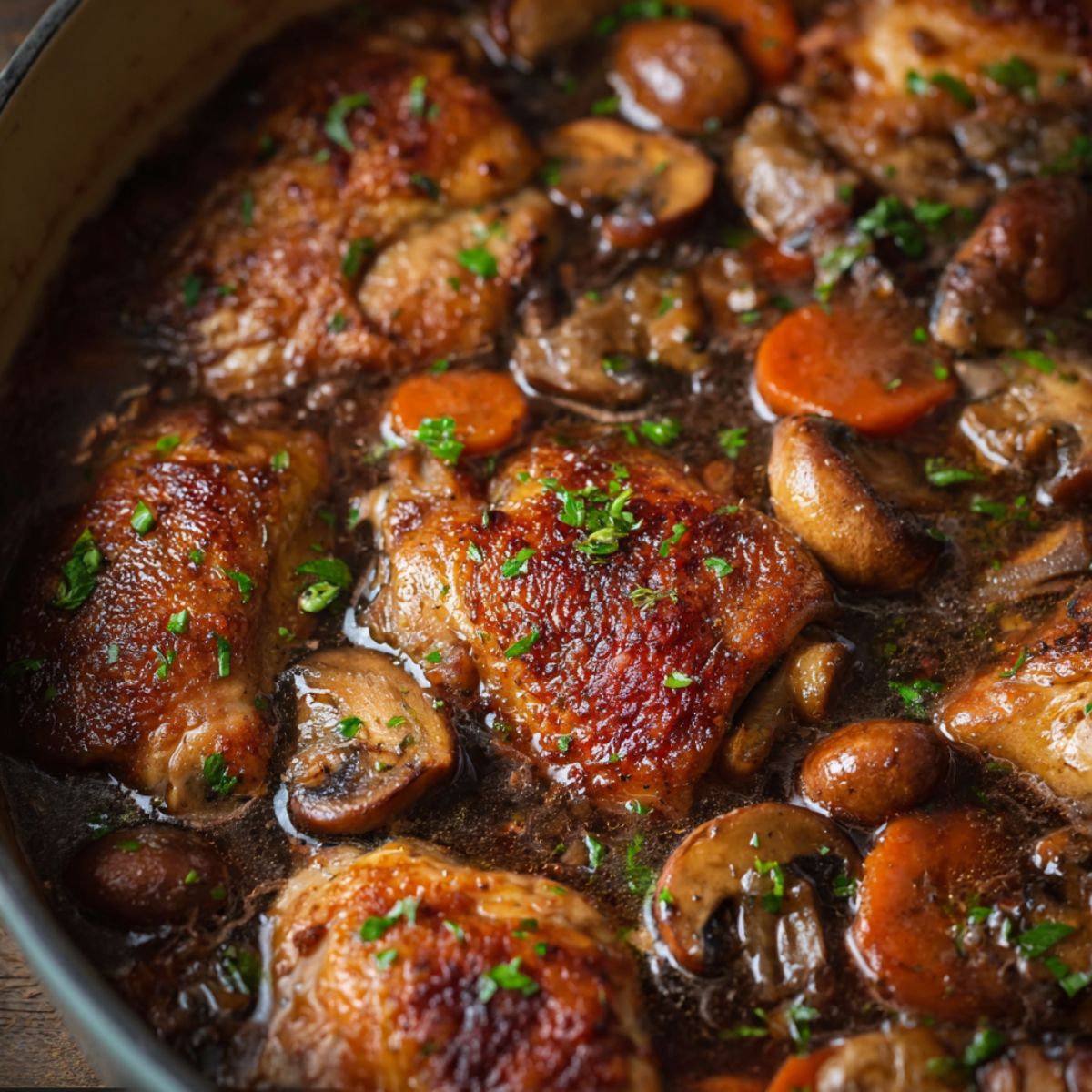 Coq au vin recipe showing seared chicken thighs with mushrooms and carrots in a bubbling wine sauce