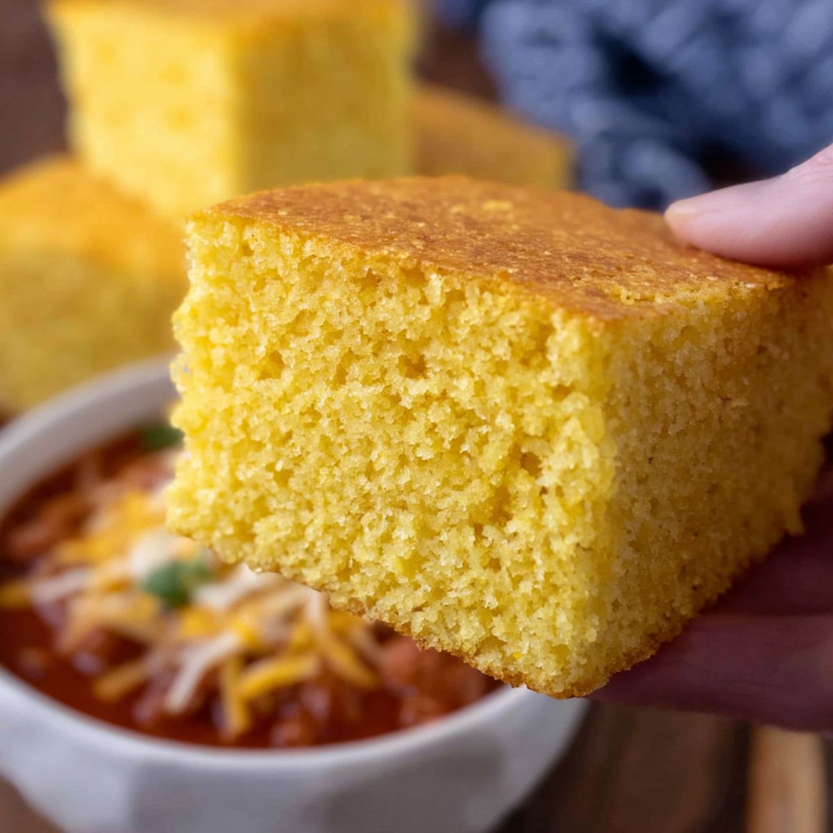 Cornbread recipe slice being held over bowl of chili showing golden crust and tender moist crumb texture
