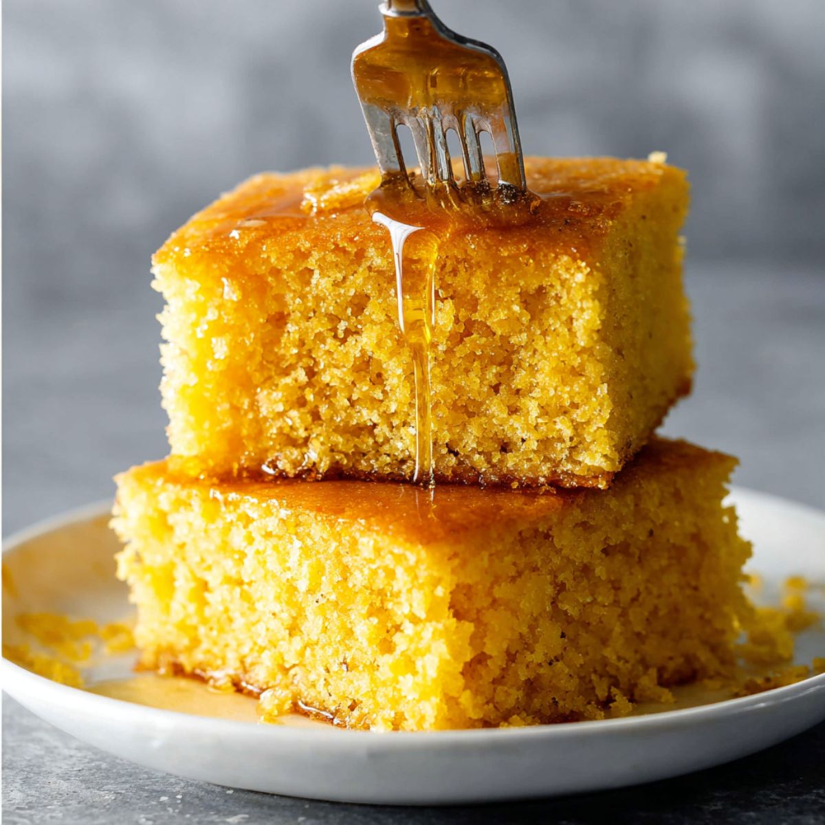 Cornbread recipe two golden squares stacked with honey being drizzled from fork showing moist texture on white plate