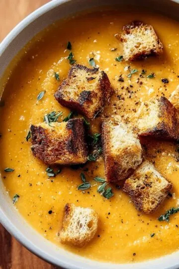 Butternut squash soup in white bowl topped with golden crispy croutons and fresh thyme on wooden board