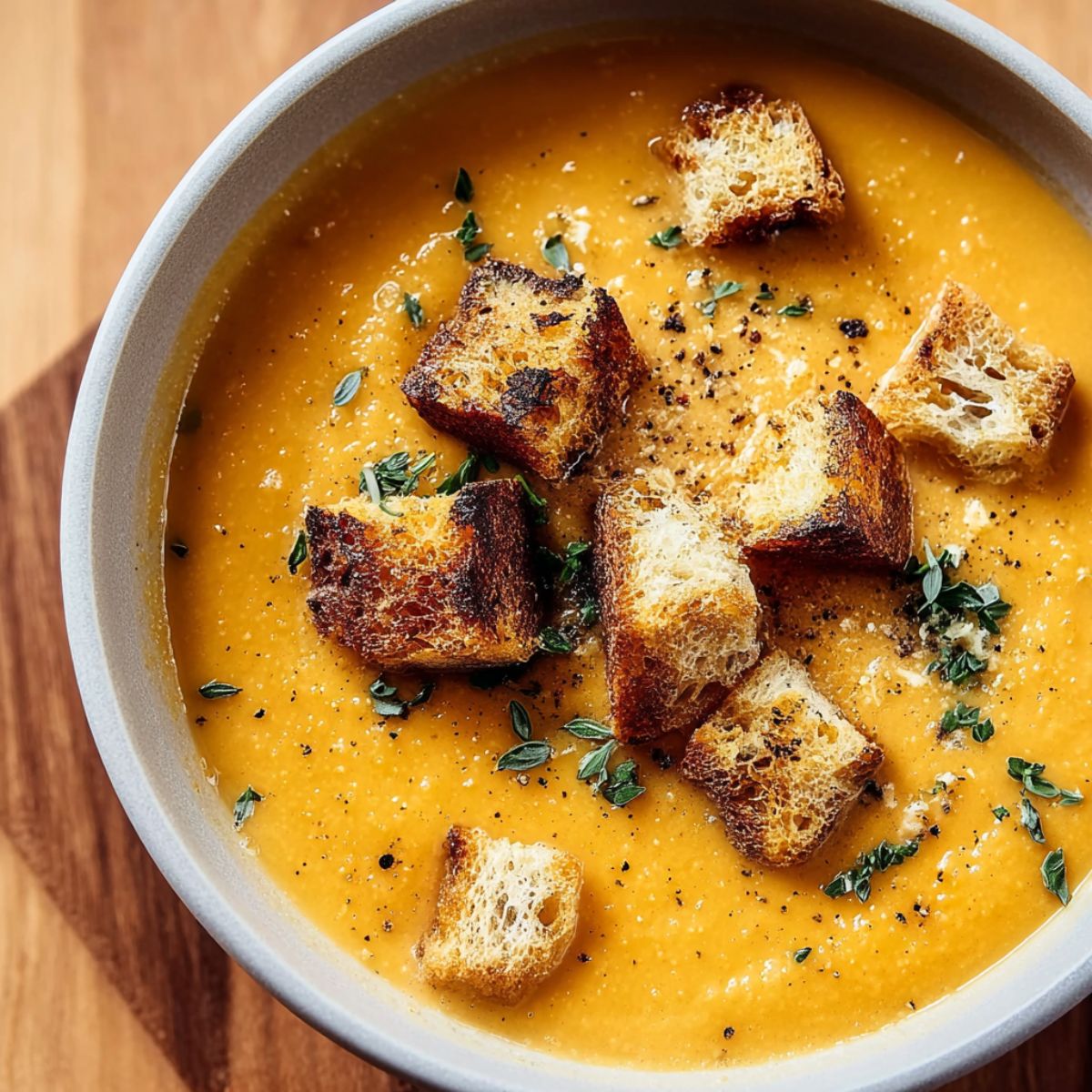 Butternut squash soup in white bowl topped with golden crispy croutons and fresh thyme on wooden board
