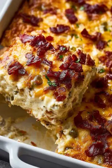 Crack breakfast casserole slice being lifted from white baking dish showing layers of hash browns, eggs, melted cheese, crispy bacon, and sausage with green onion garnish