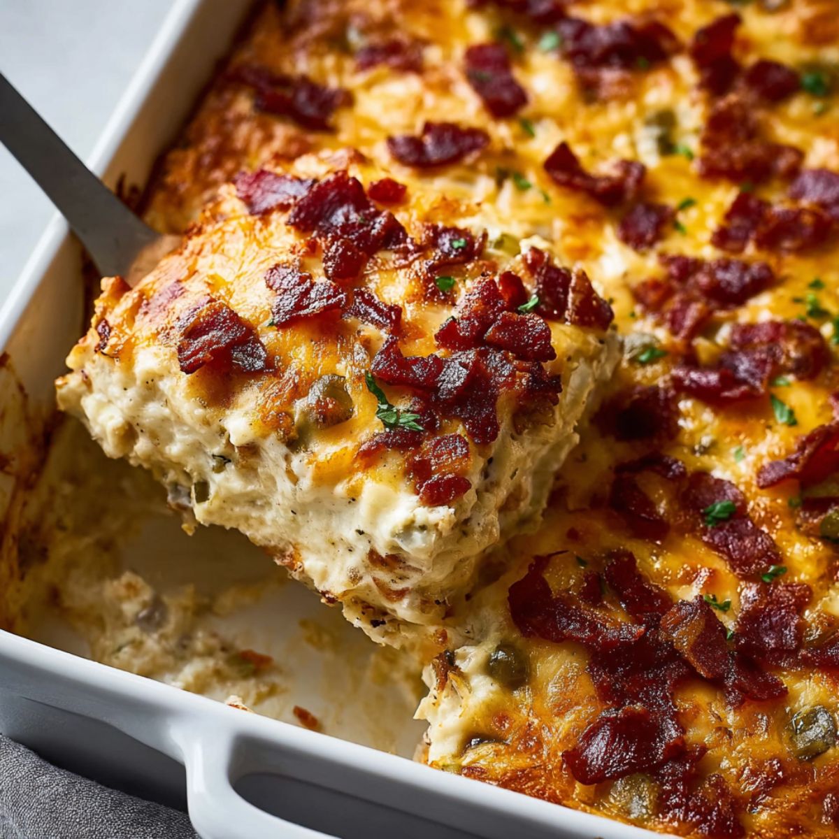 Crack breakfast casserole slice being lifted from white baking dish showing layers of hash browns, eggs, melted cheese, crispy bacon, and sausage with green onion garnish
