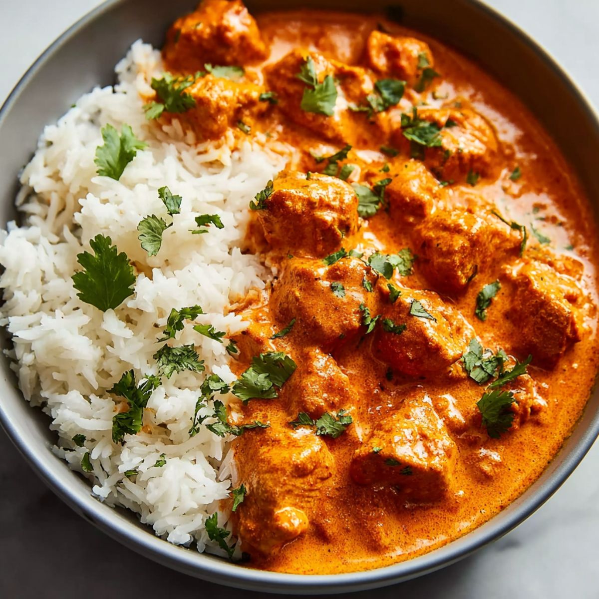 Chicken tikka masala in light gray bowl with chunks of marinated chicken in thick tomato cream sauce, white rice with cilantro garnish top-down shot