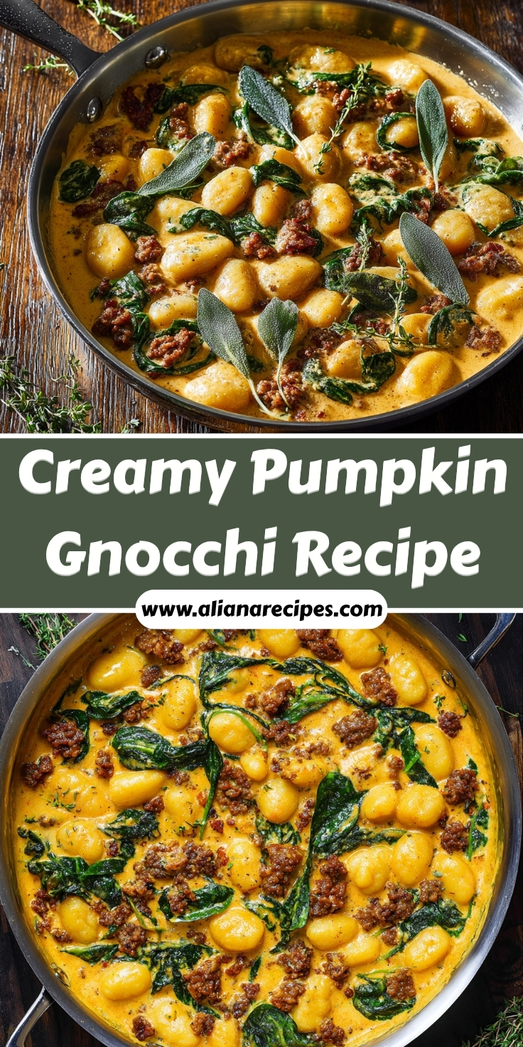 Pumpkin gnocchi in creamy golden sauce with Italian sausage, wilted spinach and fresh sage leaves in large skillet with text overlay Creamy Pumpkin Gnocchi Recipe and website URL