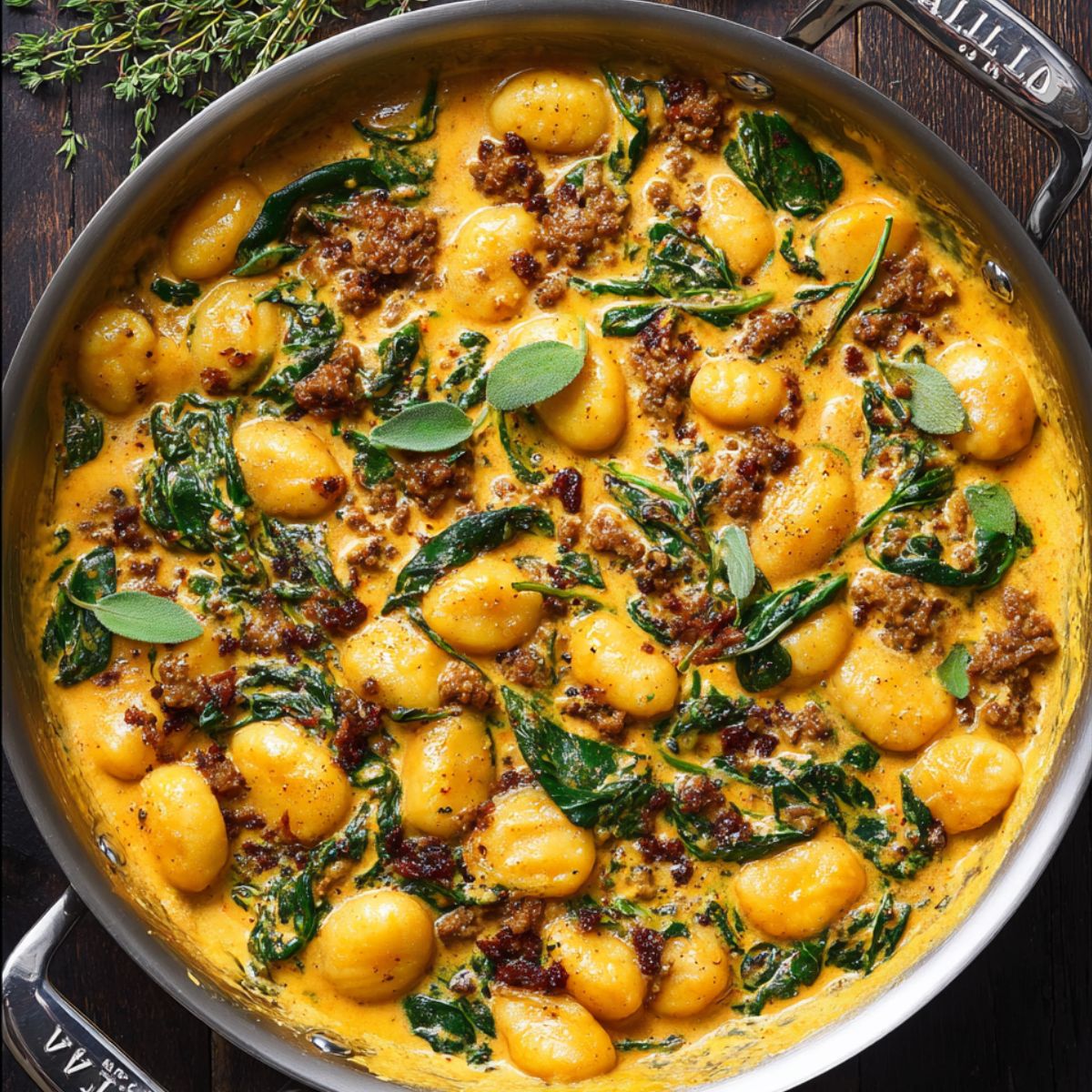 Pumpkin gnocchi in creamy golden pumpkin sauce with crispy Italian sausage, wilted spinach and fresh sage leaves in large skillet on dark wooden surface with fresh thyme