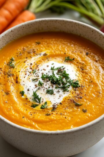 Sweet potato soup with creamy texture, coconut milk swirl, fresh parsley garnish, and black pepper in ceramic bowl with carrots in background