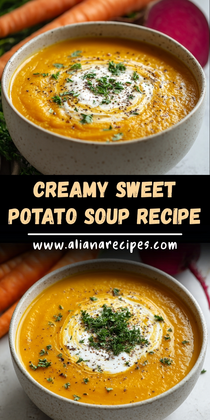 Sweet potato soup with smooth creamy texture, coconut milk drizzle, fresh herbs, black pepper, carrots and beets in background