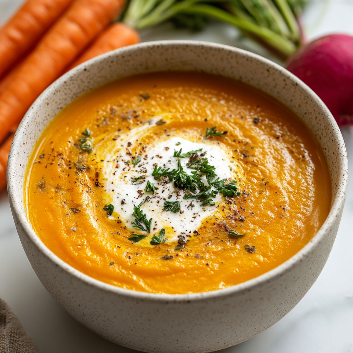 Sweet potato soup with creamy texture, coconut milk swirl, fresh parsley garnish, and black pepper in ceramic bowl with carrots in background