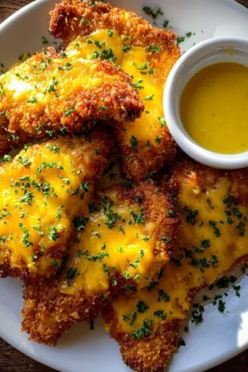 Crispy cheddar chicken strips on white plate with golden brown crunchy cheese coating, melted cheddar on top, fresh parsley garnish and honey mustard dipping sauce in small bowl