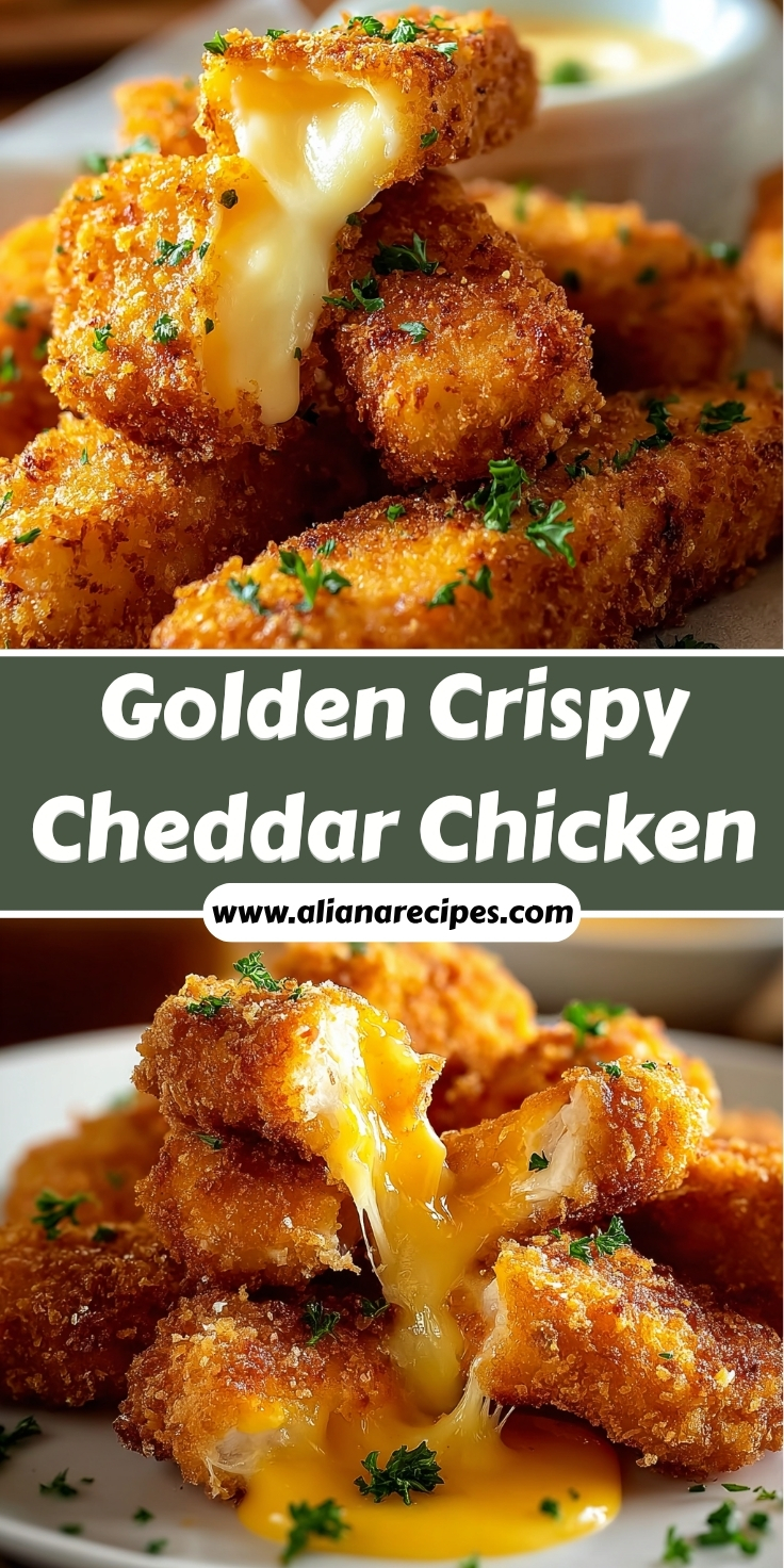 Crispy cheddar chicken nuggets stacked showing golden crunchy breading with melted cheddar cheese oozing out, garnished with fresh parsley, text overlay Golden Crispy Cheddar Chicken with website URL