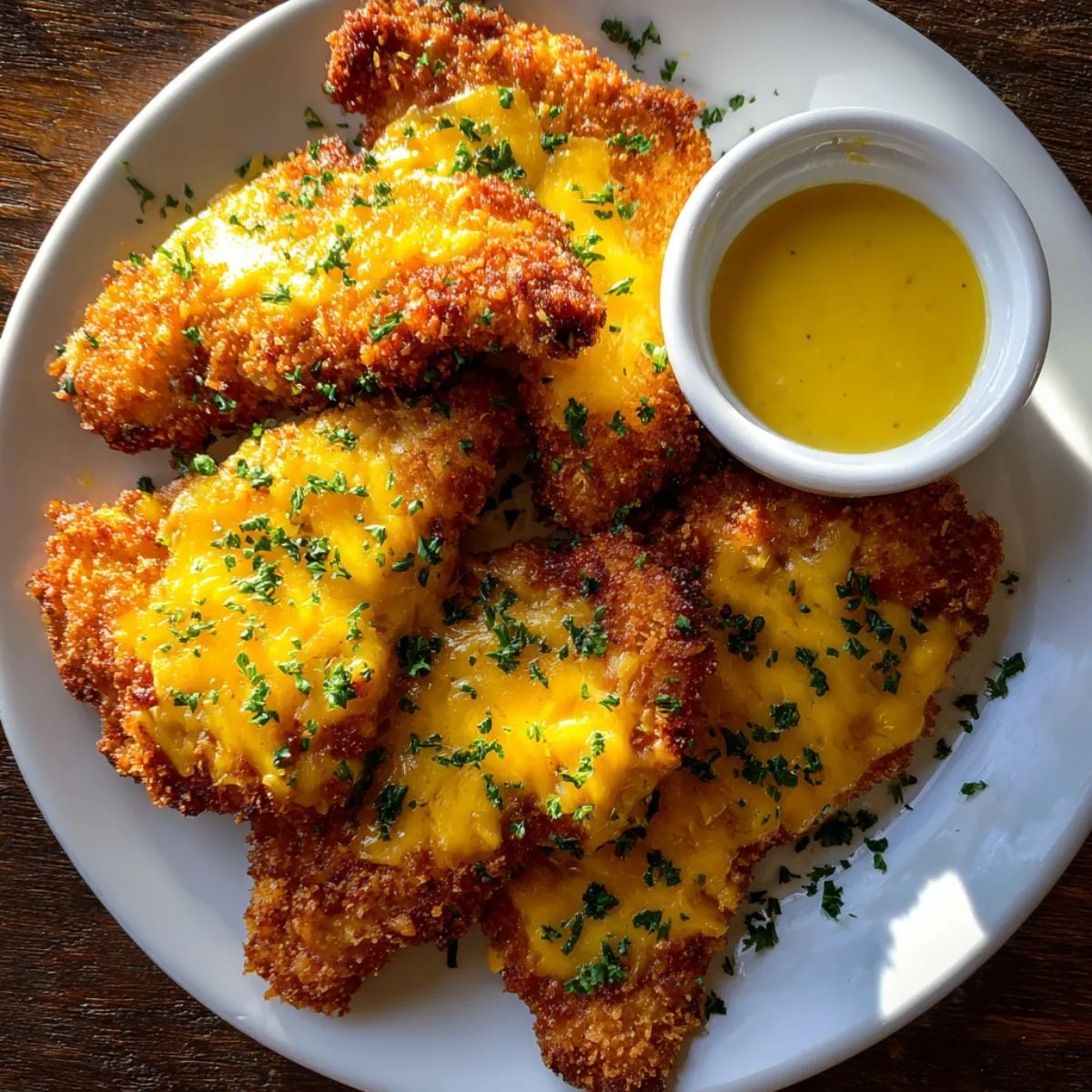 Crispy cheddar chicken strips on white plate with golden brown crunchy cheese coating, melted cheddar on top, fresh parsley garnish and honey mustard dipping sauce in small bowl