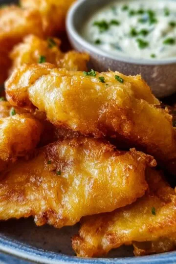 Crispy fish batter recipe pieces piled on blue rimmed plate with creamy tartar sauce garnished with chives close-up overhead view