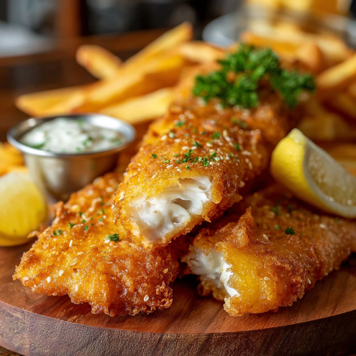 Crispy fish batter recipe showing golden fried fish fillets with flaky white interior on wooden board with fries, tartar sauce, and lemon wedges