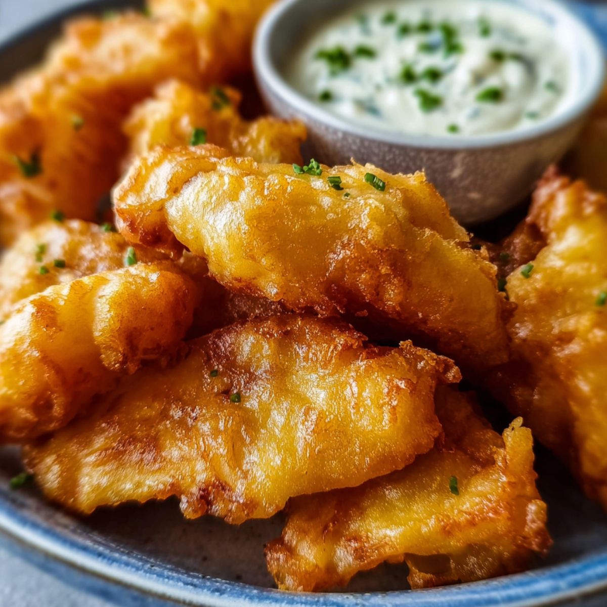 Crispy fish batter recipe pieces piled on blue rimmed plate with creamy tartar sauce garnished with chives close-up overhead view