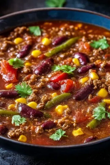 Crockpot cowboy soup recipe in blue rimmed bowl with kidney beans, black beans, ground beef, corn kernels, and cilantro garnish