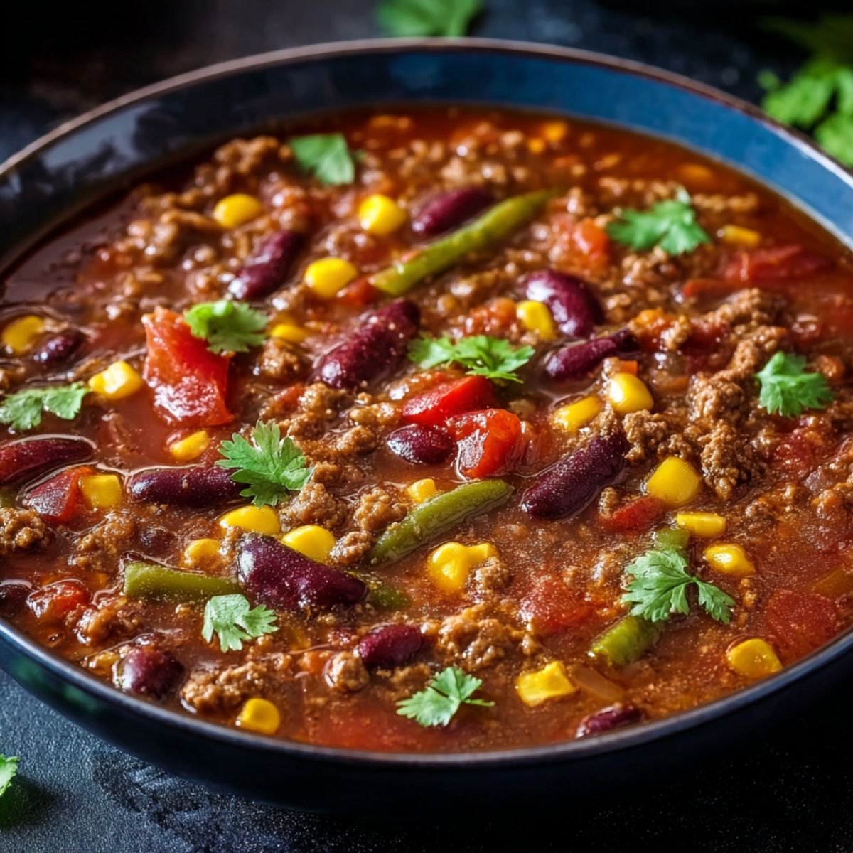 Crockpot cowboy soup recipe in blue rimmed bowl with kidney beans, black beans, ground beef, corn kernels, and cilantro garnish