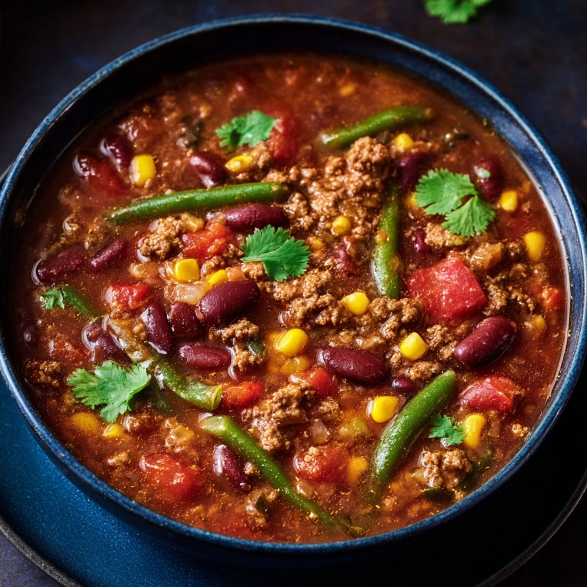 Crockpot cowboy soup in cast iron pot showing rich broth with ground beef, red kidney beans, corn, green beans, and fresh cilantro